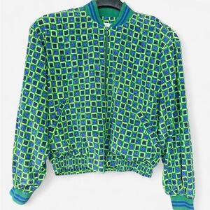 Vibrant Green & Blue Geometric Bomber Jacket
